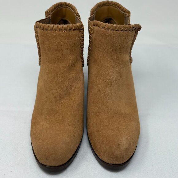Jack Rogers Boots Womens Size 7.5 Poppy Tan Suede Ankle Booties Block Heel Trim - Picture 9 of 10